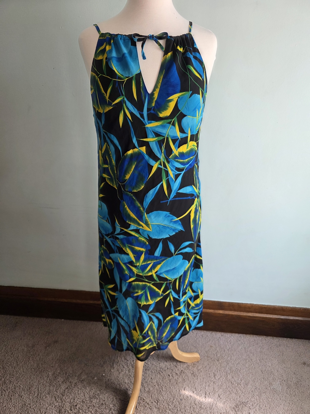 Tropical Leaf Slip Dress in Blue & Yellow